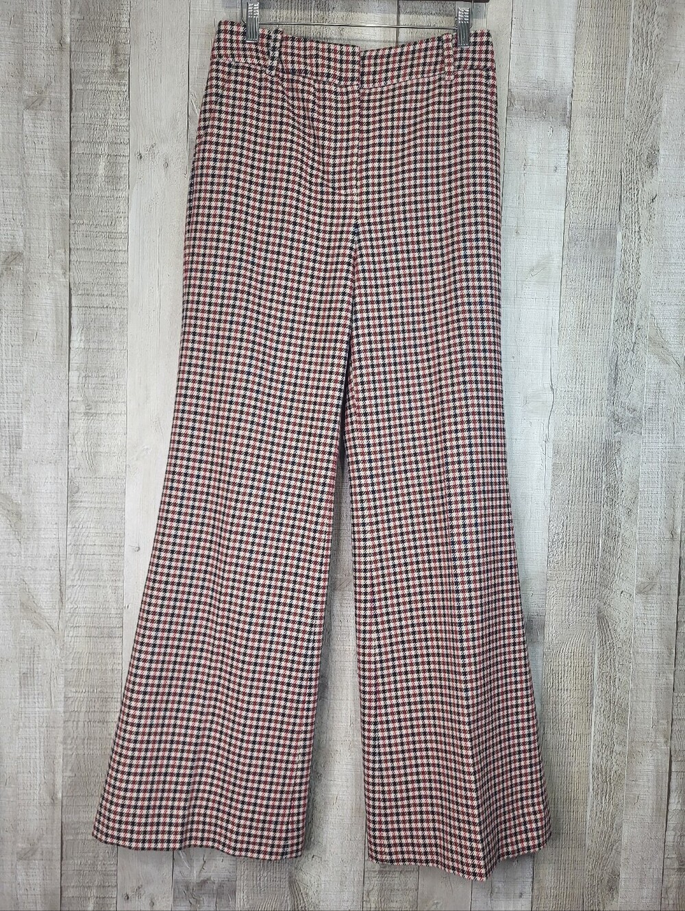Boden Flare High-Waist Wool Checked Pants in Red & Black. Size 6